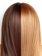 Fototapeta premium Straight long hair split in two contrasting colors - dark brown and blonde, showing before and after hair coloring result on white background.
