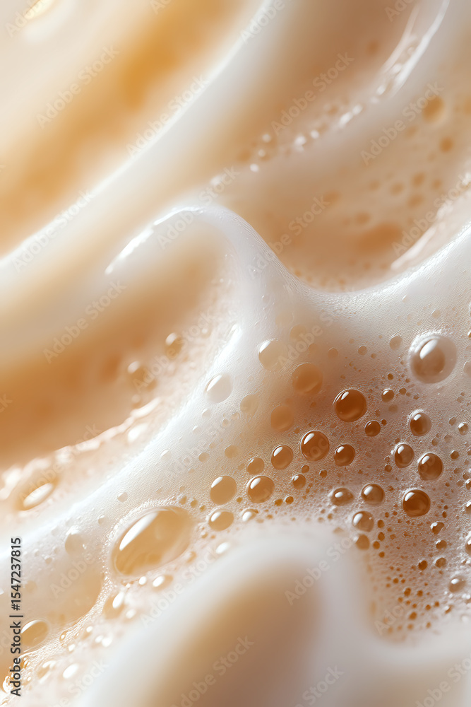 Poster creamy coffee foam macro with golden brown bubbles and swirls creating abstract patterns, soft focus