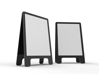 3D Realistic floor plastic standing folding sandwich board mockup. Blank portable vertical info placard sign holder stand for welcome sign, greeting, banner, ads, showcase, sidewalk or caution sign