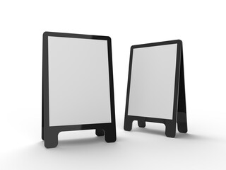 3D Realistic floor plastic standing folding sandwich board mockup. Blank portable vertical info placard sign holder stand for welcome sign, greeting, banner, ads, showcase, sidewalk or caution sign