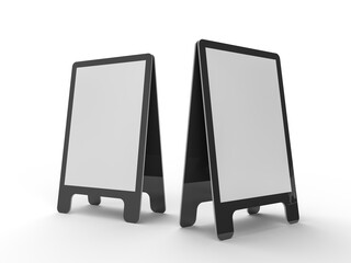 3D Realistic floor plastic standing folding sandwich board mockup. Blank portable vertical info placard sign holder stand for welcome sign, greeting, banner, ads, showcase, sidewalk or caution sign