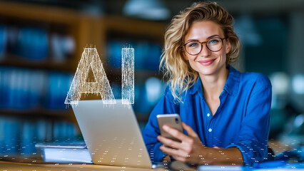 Portrait of a confident businesswoman in a digital workspace, artificial intelligence theme