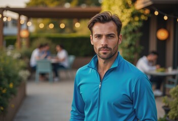 Fototapeta premium Confident tennis player in a blue tracksuit standing on a patio