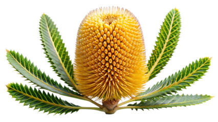 Detailed Golden Banksia Flower with Spiky Green Leaves Ai isolated on a transparent background australian native plant 2