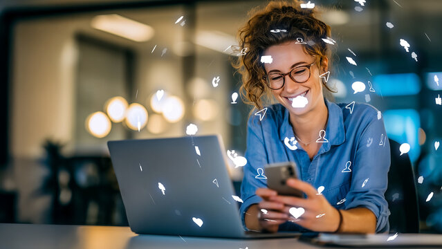 Stylish female freelancer enjoying social interaction through mobile device
