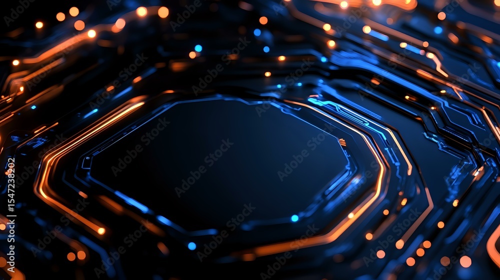 Poster glowing orange and blue circuit paths on dark background with hexagonal pattern and light effects cr