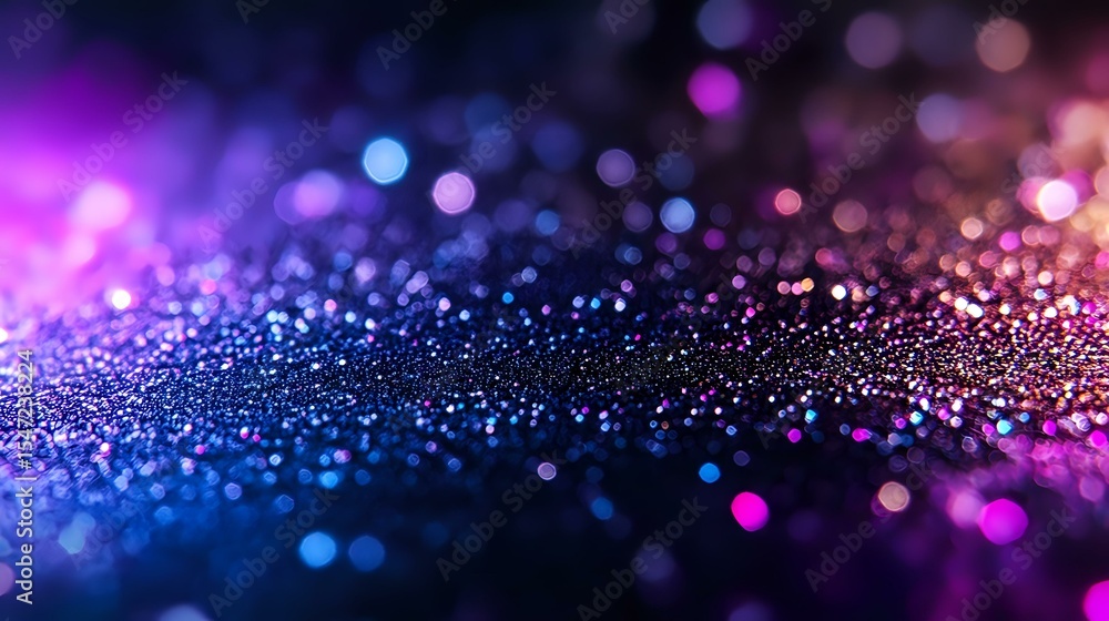 Poster glowing purple and blue sparkles on dark background with bokeh effect and shallow depth of field cre