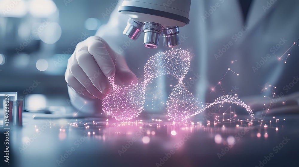 Aufkleber microscope lens examining glowing pink dna helix structure in laboratory setting with bokeh light ef