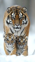 Fototapeta premium Majestic Bengal tiger mother with two cubs walking through snowy landscape, close-up portrait showing protective parental behavior and natural wildlife family bond.