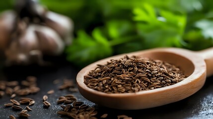 Organic cumin seeds in wooden spoon on dark background with fresh herbs and garlic cloves, macro food photography for cooking and seasoning concept.