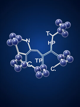 Picric acid ( 2,4,6-trinitrophenol, TNP, C6H3N3O7) molecule. It has a role as an explosive, an antiseptic drug. Structural chemical formula on the dark blue background