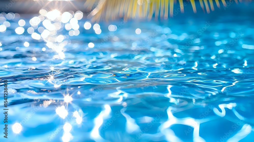 Poster sparkling blue swimming pool water surface with sunlight reflections creating bright bokeh effect an