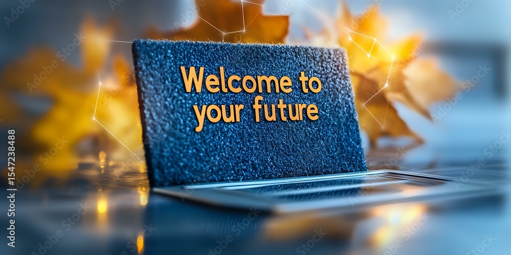 Poster laptop screen with glowing text welcome to your future against blurred autumn maple leaves backgroun