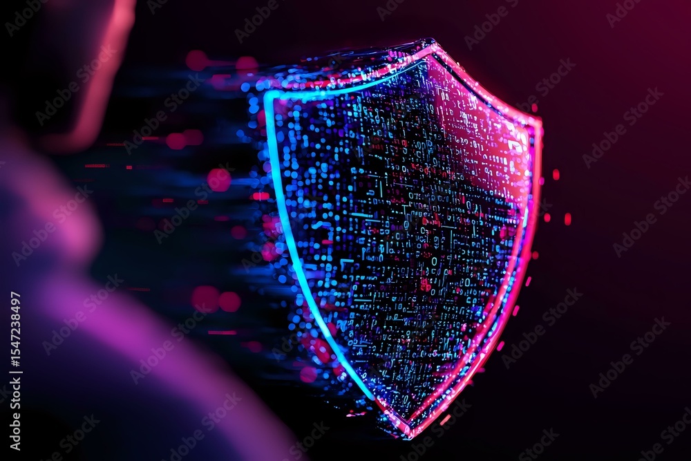Poster glowing digital shield with binary code particles dispersing in neon blue and pink colors against da