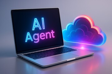 Laptop with ai agent and neon cloud icon