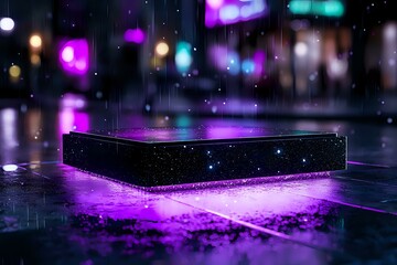 Mysterious glowing platform with purple and turquoise neon lights in dark rainy night setting creates futuristic cyberpunk atmosphere for tech and gaming concepts.