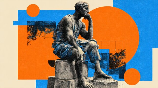 The Thinker Statue Contemplates Amidst a Modern Abstract Landscape of Geometric Shapes and Contrasting Colors