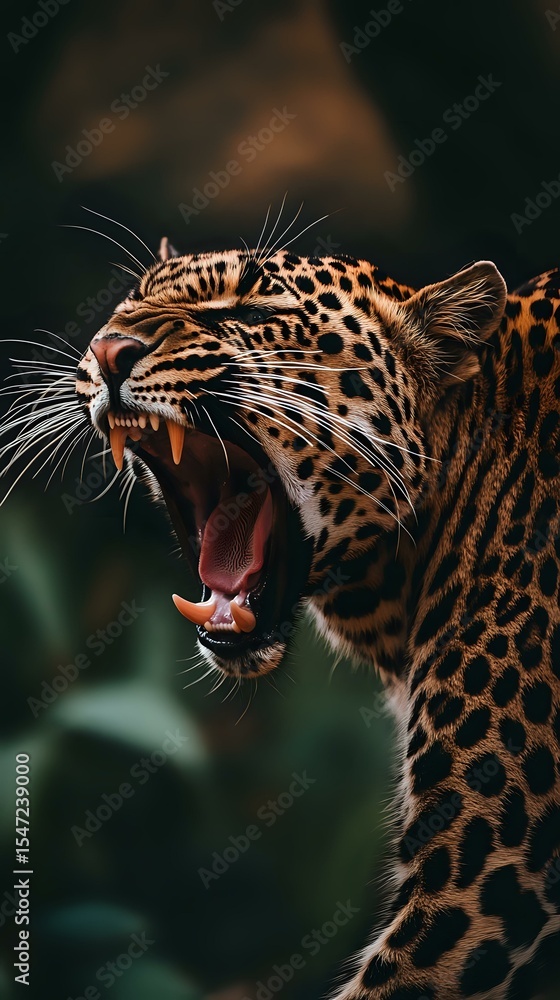 Aufkleber close-up profile of roaring leopard showing sharp fangs and spotted fur pattern against dark backgro