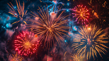 Fototapeta premium Colorful fireworks burst in the night sky, creating abstract light trails—a celebration of vibrant energy and fleeting beauty. ﻿