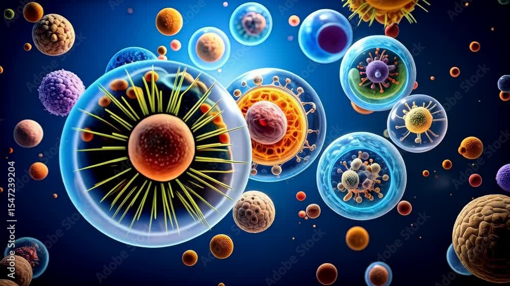 Aufkleber microscopic abstract illustration of diverse cells with internal structures on a blue gradient backg