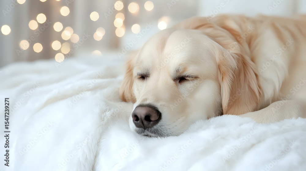 Aufkleber sleeping golden retriever dog lying on white bedding with soft bokeh lights in background creating c