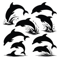 Fototapeta premium Eight Dolphins Leap and Play: Ocean Silhouette Collection