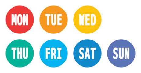 colorful seven week days bullet points, from monday to sunday solid round markers, vector infographics elements
