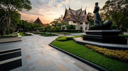 Evening serenity royal temple gardens thailand landscape photography tranquil environment wide view cultural heritage