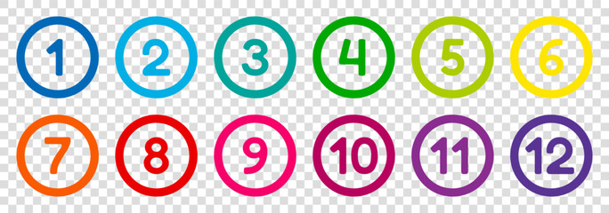 colorful twelve bullet points, from 1 to 12 round outline markers, vector infographics elements