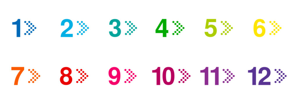 colorful twelve bullet points, from 1 to 12 dotted triangle arrow markers, vector infographics elements