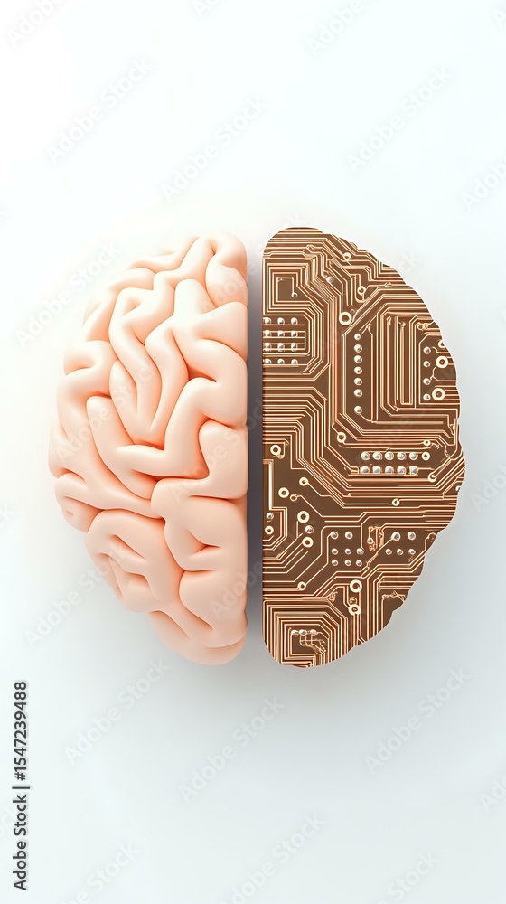 Poster split human brain showing organic and digital sides with circuit board patterns representing artific