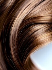 Naklejka premium Flowing strands of glossy brown hair with honey highlights against light background, showcasing natural movement and healthy shine for beauty and haircare advertising.
