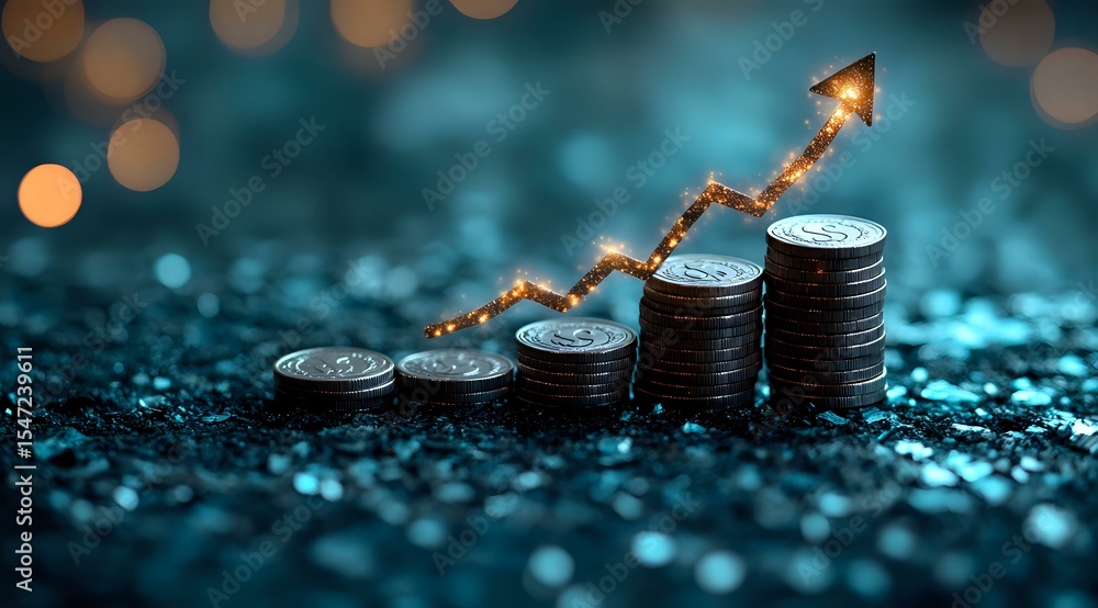 Poster growing stack of coins with glowing upward arrow on dark background with bokeh lights, representing 