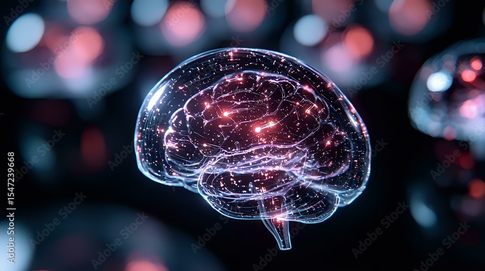 Poster glowing translucent brain with neural connections on dark background with red bokeh lights, represen