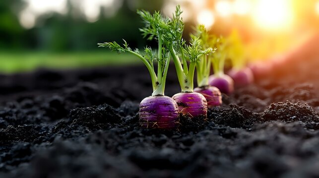 Fresh purple turnips growing in dark fertile soil with green tops, sunlight effect in garden background, organic farming and harvest concept.