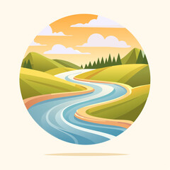 Serene River Bend Landscape Minimalist Nature Illustration