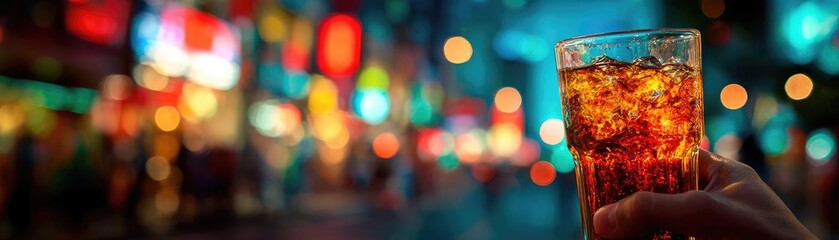 Low sugar habit with diet adjustment and detox plan concept. A refreshing drink held in hand against a vibrant city backdrop.