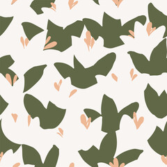 Cute abstract minimal small lotus shapes forming a botanical pattern in colors of green, cream and white. Loose solid floral seamless vector pattern. Great for home decor, fabric, wallpaper, gift wrap