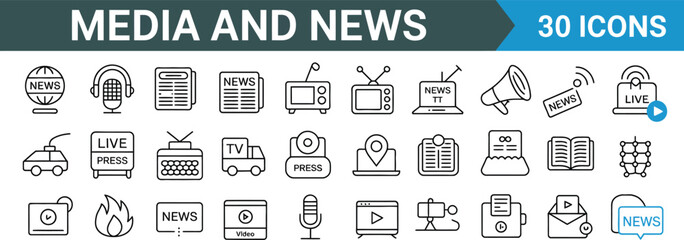 Media and news icons set with tv newspaper and microphone symbols