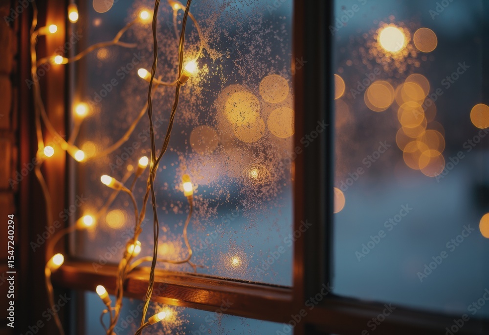 Aufkleber glowing string lights illuminating a frosted window, creating a cozy atmosphere