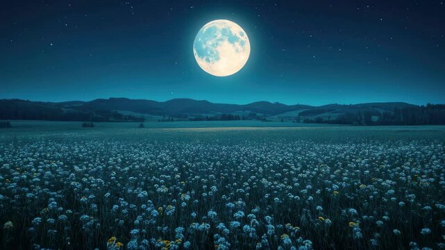 Stunning nighttime view of a full moon shining over a flower-filled field in a tranquil landscape