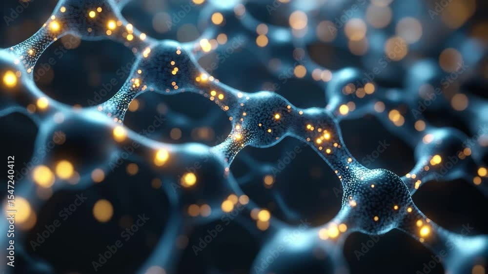 Poster abstract representation of molecular structures with glowing particles and intricate details in a da