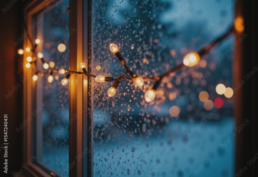 Poster glowing string lights illuminating a frosted window on a winter evening