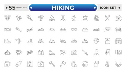 Hiking icons of outdoor survival: tent icon, backpack badge, hiking boots tag, survival map file, campfire board, mountain chart, adventure bubble, wilderness symbol. Editable stroke outline icon.

