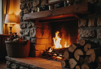 Cozy burning fireplace with a stack of firewood in a warm living room
