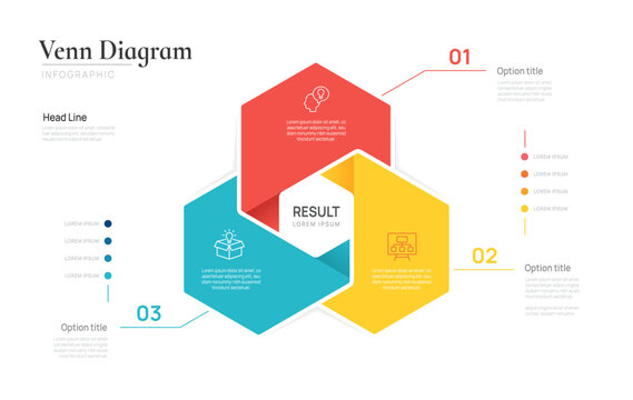 Venn diagram business infographic circle chart template 3 options steps, presentation with venn diagram elements vector illustration.