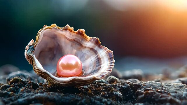 Vibrant pink pearl rests inside an open oyster shell on textured ground with soft warm light