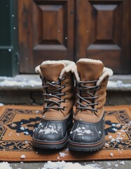Snow boots lined up on a doormat, ready for winter adventures