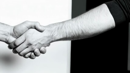 Two people reaching agreement as they shake hands, monochrome imagery symbolizing partnership, trust and collaboration