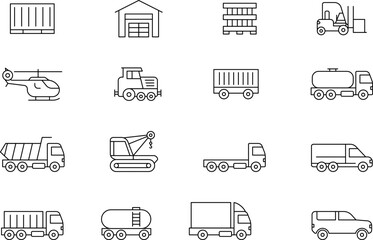 Commercial vehicles line icon set. Vector pictograms collection of container, pallet, forklift, plane, drone, helicopter, ship, train, cargo truck, warehouse.